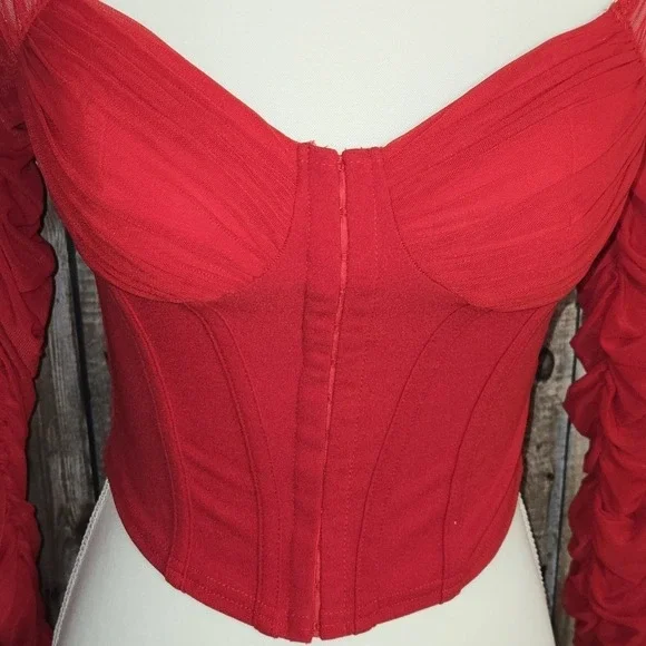 Windsor Small Red Corset Ruched Long‎ Sleeve Top Womens Romantic Night Out - Picture 11 of 12